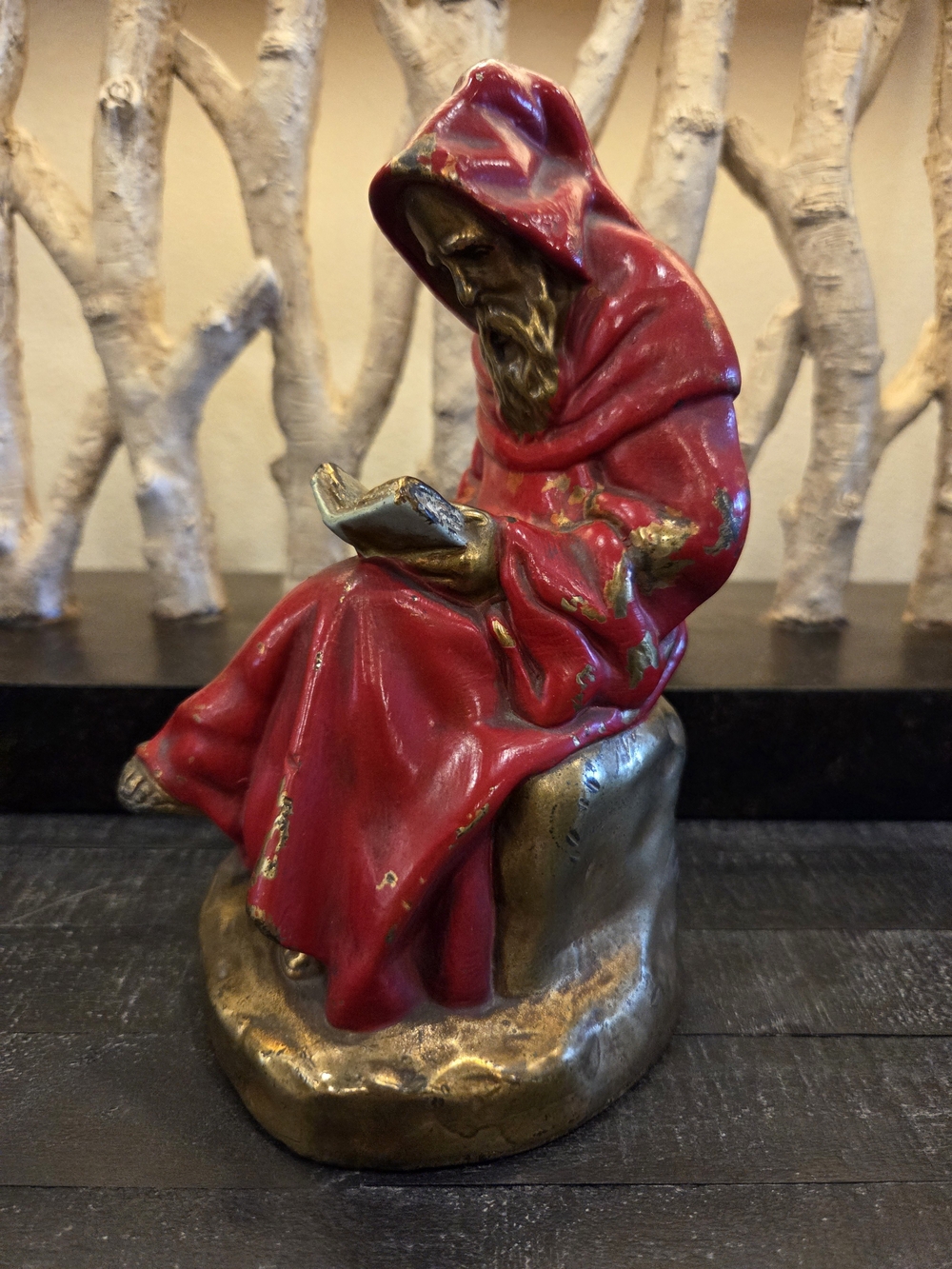 Vintage Red Hooded Reading Monk Bookend with Gold-Toned Base